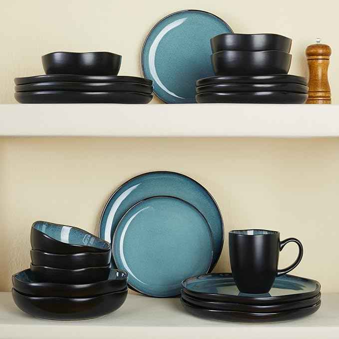 18 Piece Dinnerware Sets for 6, Green Black Reactive Glaze Stoneware | Irregular Artisan Style for Family Dinners, Weekend Gatherings | Scratch‑Resistant, Microwave & Dishwasher Safe