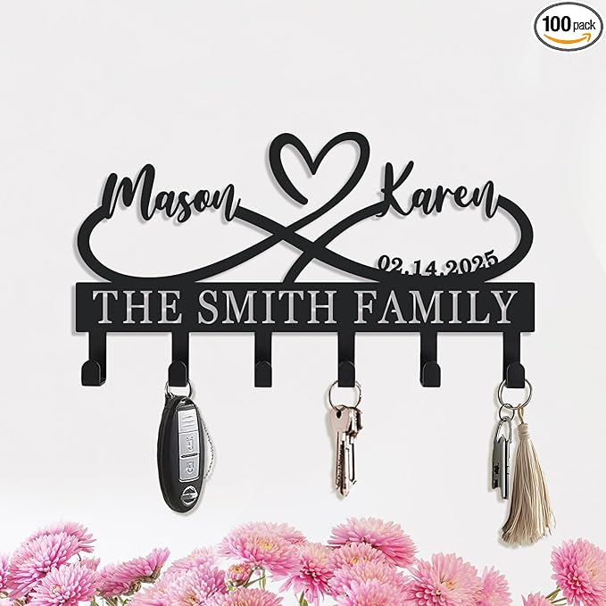 Personalized Metal Key Holder for Wall, Custom Infinity Heart Key Rack with Hooks, Wall Mounted Key and Coat Organizer for Entryway Bedroom, Housewarming & Wedding Gift (Design9)