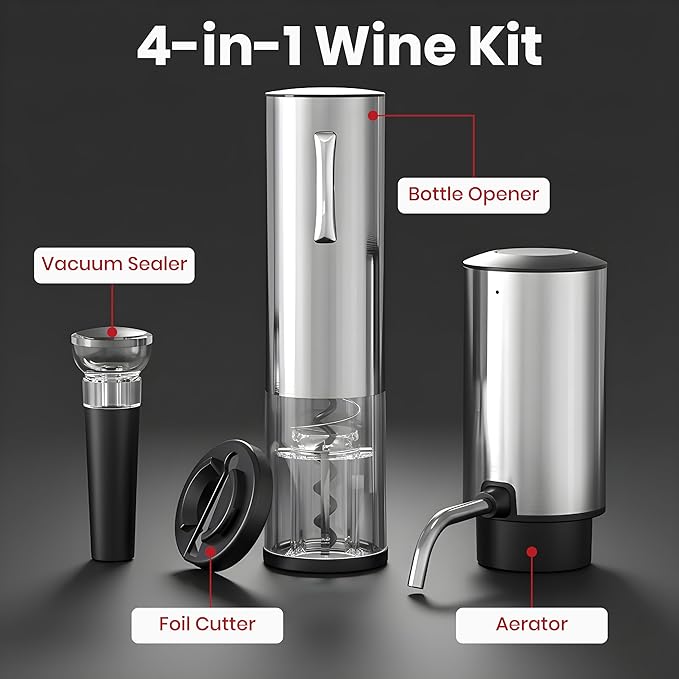 4-in-1 Rechargeable Electric Wine Opener Set with Aerator, Vacuum Stopper & Foil Cutter – Stainless Steel Portable Wine Bottle Opener Kit for Home Bar & Gifting