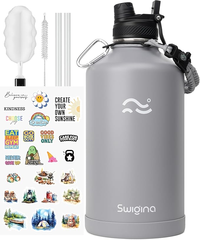 Swigina [2-IN-1 LID] Gallon Insulated Water Bottle with Silicone Boot (48hrs Cold/24hrs Hot) - DIY Stickers, Leakproof, BPA Free, 128 oz
