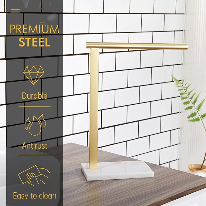 KOKOSIRI Hand Towel Rack Standing Towel Bar with Steady Marble Base for Bathroom Vanity Countertop, Brushed Gold Stainless Steel 15.7'' Height THS0006-BG