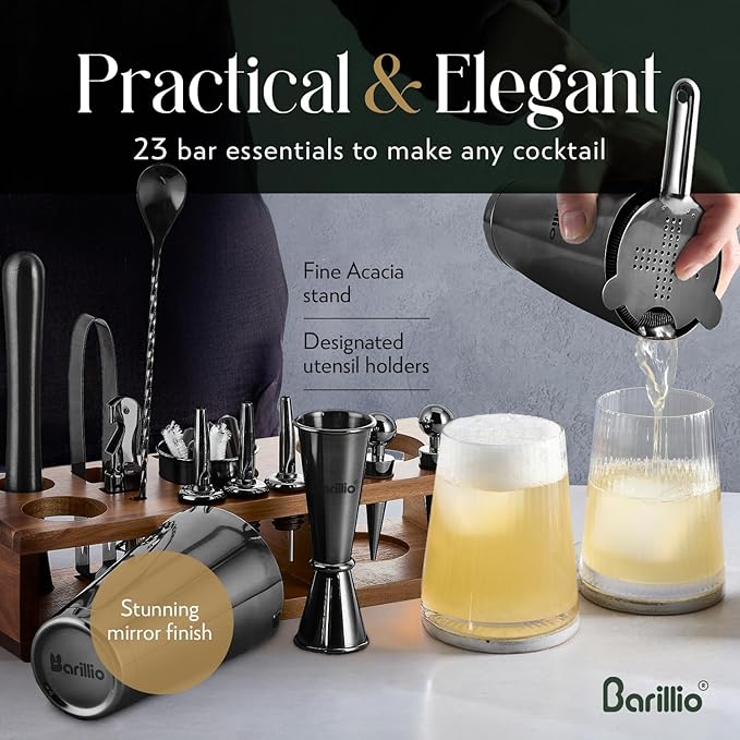 Barillio Black Bartender Kit – 23-Piece Stainless-Steel Cocktail Shaker Set with Premium Acacia Stand | Martini Barware Mixing Tools for Home Bartending | Gift Set