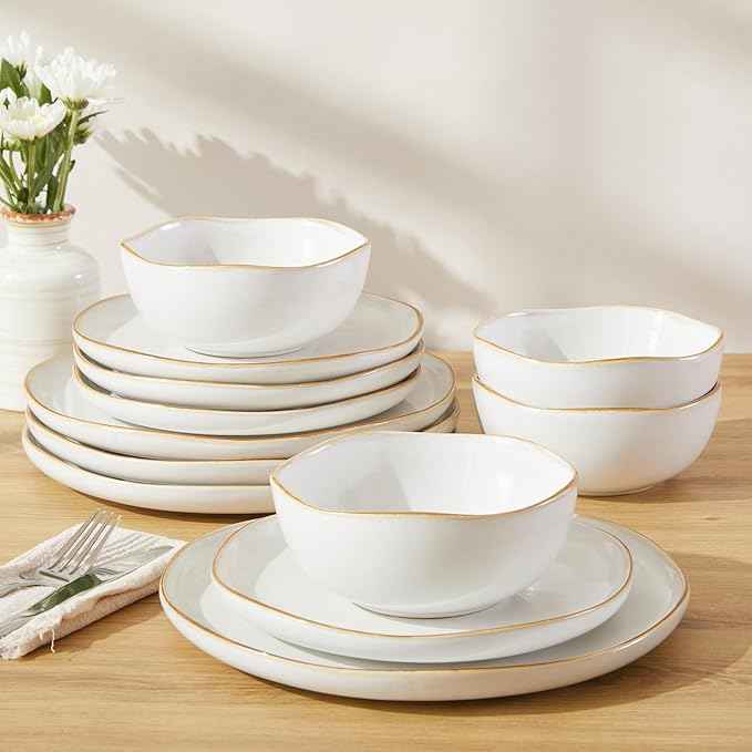 Dinnerware Set for 4, Ceramic Dish Set, Plate and Bowl Set, Microwave & Dishwasher Safe Dishware Set, Chip & Scratch Resistant Dinner Sets, Irregular Edge Design, White