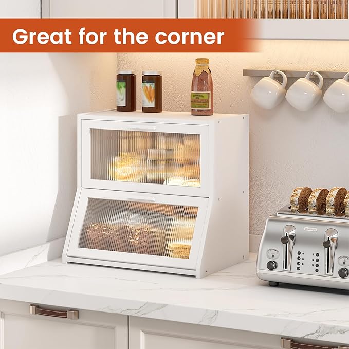 GHWIE Double Layer Bamboo Bread Box for Kitchen Counter,Large Capacity Bread Storage Bin,Bread Container with Acrylic Wavy Door Panel (White, Extra Large)