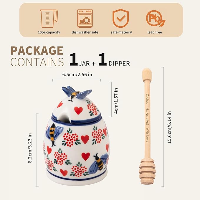 ZOOBEE Ceramic Honey Pot with Dipper and Lid, 10oz Microwave-safe Honey Container, Lead-Free Honey Dispenser for Kitchen-Crazy Love