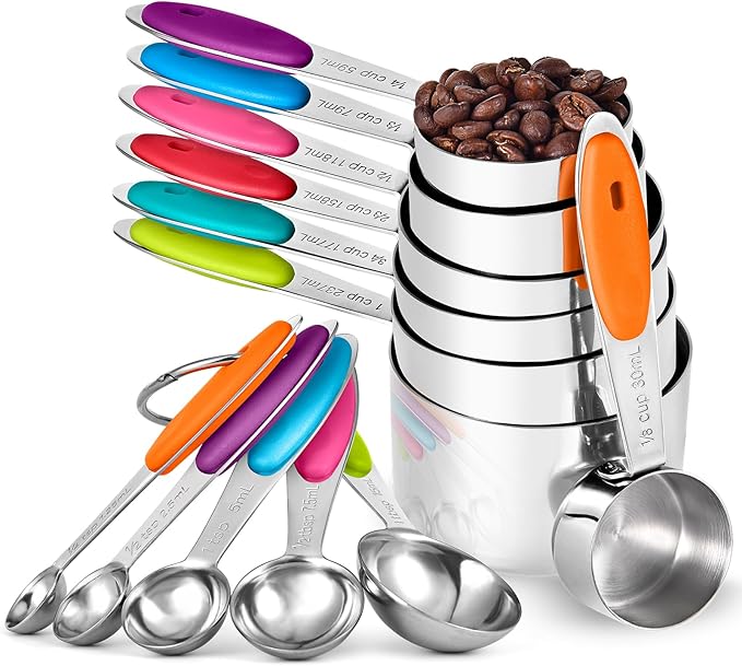 U-Taste Measuring Cups Spoons Set: 18/8 Stainless Steel 12 Pieces Stacking Kitchen Baking Cooking Food Measure Scoop Set, 7 Cups & 5 Spoons with Strengthened Weld Joints (Color, Upgraded Version)
