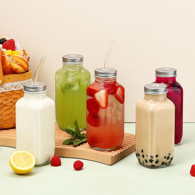 CUCUMI 5pcs 16oz Glass Juice Bottles with Lids, Reusable Juice Containers Drinking Jars Water Cups with Brush, Glass Straws, Lids with Hole