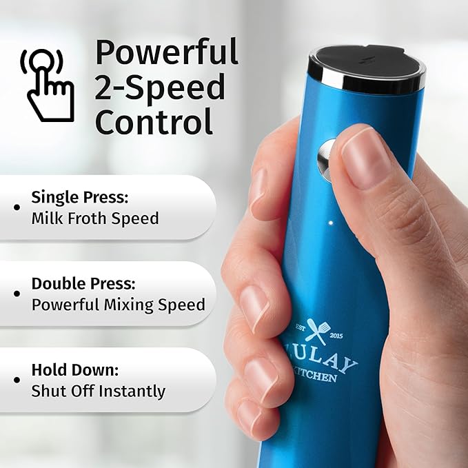 Zulay Kitchen Rechargeable Milk Frother Handheld Lux - Powerful 2-Speed Motor, Waterproof, 2000mAh Battery - Drink Mixer for Latte, Cappuccino, Matcha & Protein Powder - Metallic Blue