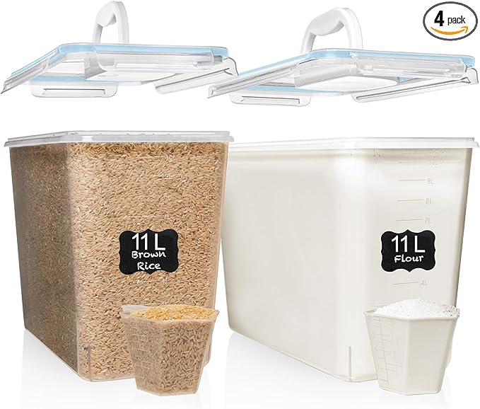 Shazo 2 PC (11L | 372 oz) Flour Sugar Storage Containers with Easy Carry Handle - Plastic Extra Large Food Storage Containers with Lids for Rice Cereal, BPA Free & Airtight Kitchen Pantry Organization