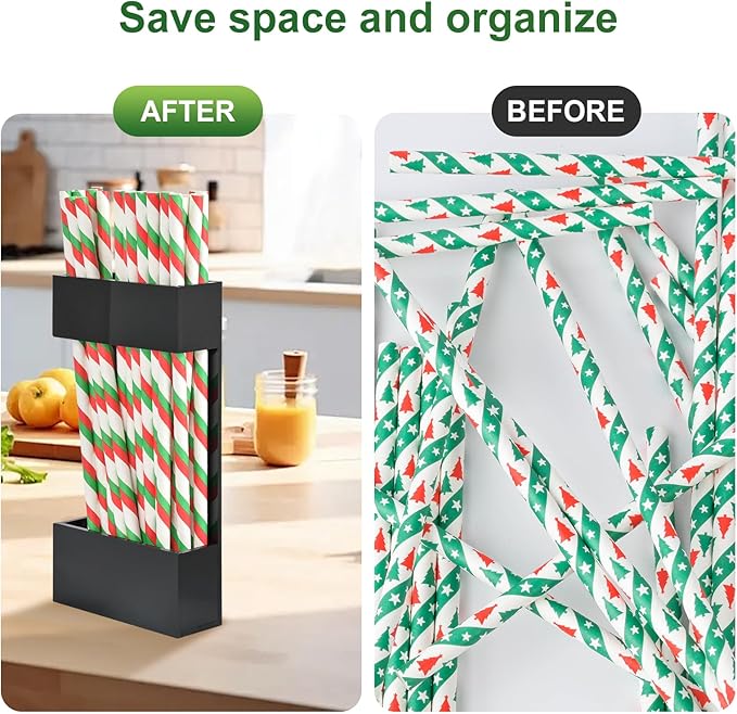 2 PACK Acrylic Straw Holder for Cabinet Doors, Reusable Straw Organizer with Ultra-Sticky Adhesive, Small Kitchen Accessories Container, Fits Both Short & Long Straws(Black)
