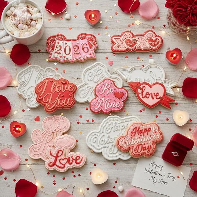 Flycalf Cookie Cutters Love Set of 7 with Plunger Stamps Detailed Holiday Cake PLA 3.5" Baking Accessories Cutter Molds Gifts to for Party Kitchen Supplies