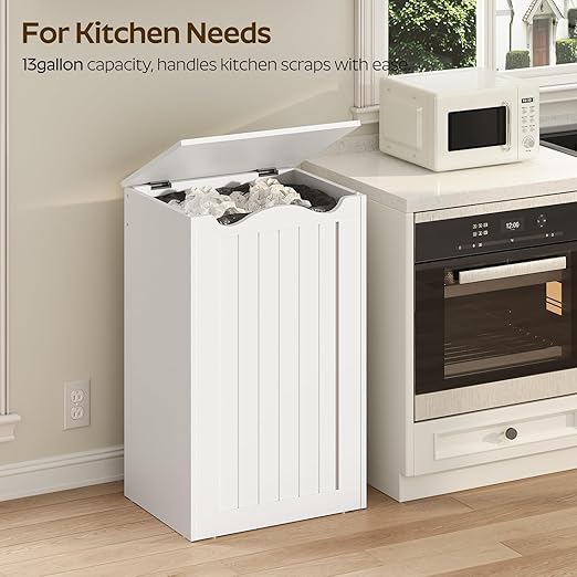 YATINEY Trash Can Cabinet,13 Gallons Hidden Kitchen Garbage Can with Lid, No Inner Bin Needed, Wooden Recycling Trash Bin Cabinet for Kitchen, Living Room White WB05WW