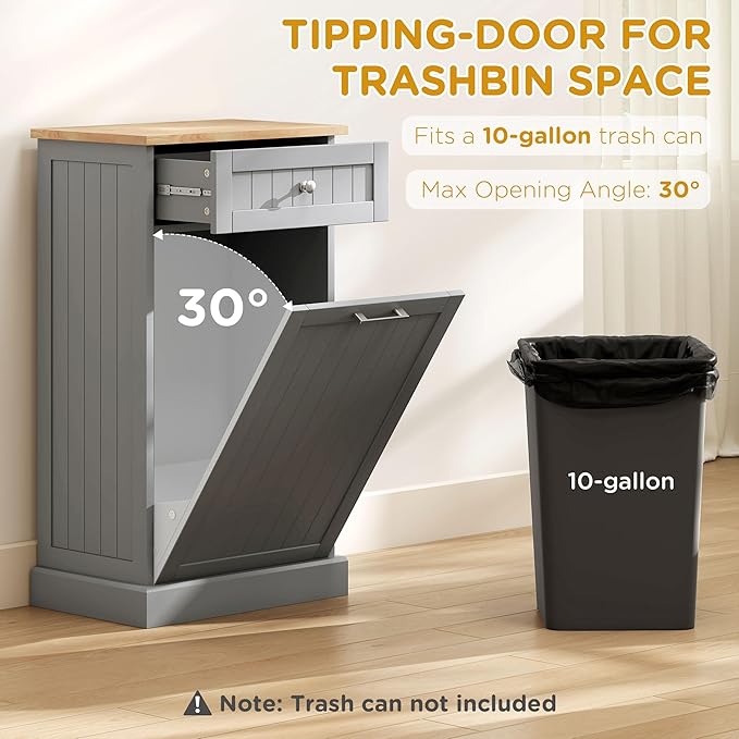 HOMCOM Kitchen Tilt Out Trash Bin Cabinet Free Standing Recycling Cabinet Trash Can Holder with Drawer, Gray