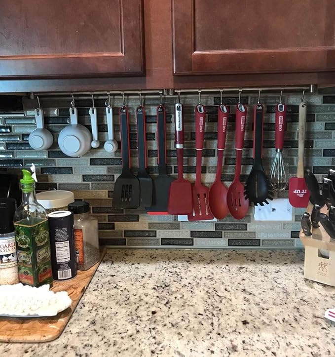 304 Stainless Steel Kitchen Utensil Racks with 7 Sliding Hooks Hangers Wall Mounted 15"
