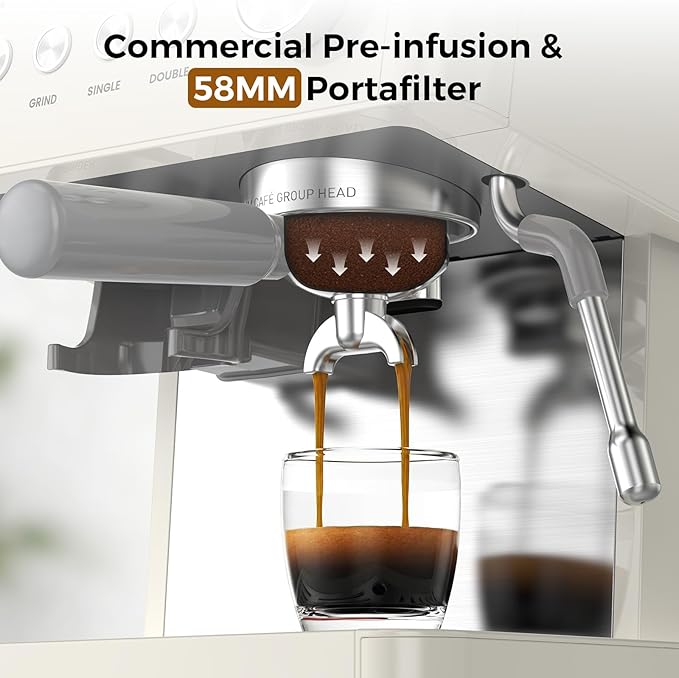 Kndko Espresso Machine with Grinder, 20 Bar Espresso Coffee Machines with Milk Frother Steam Wand, Espresso Maker for Latte, Cappuccino, Hot/Cold Brew, White