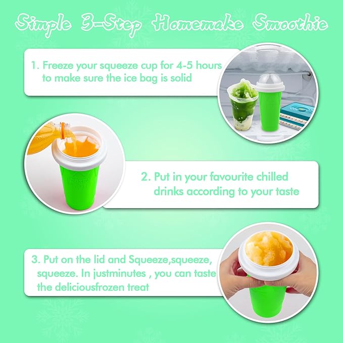 Slushie Maker Cup,DIY Magic Slushy Maker Squeeze Cups,Portable Smoothie Squeeze Cups for Juices,Milk and Ice Cream Make,Double Layer Squeeze Slushy Maker Cup,Birthday Gifts for Mom Dad & Friend(Green）
