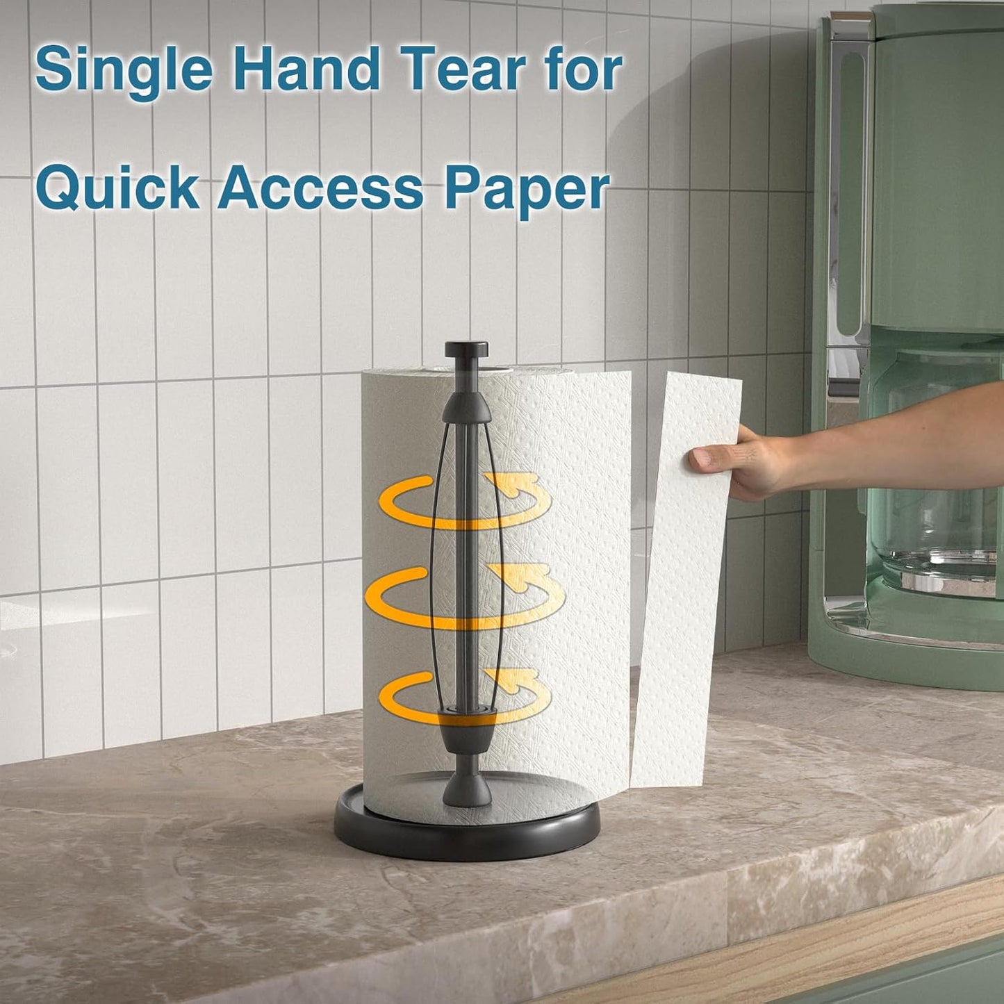 Paper Towel Holder Countertop, One-Handed Tear, Stainless Steel, Weighted Base, Black, Paper Towel Roll Holder Stand with Ratchet Mechanism for Kitchen Bathroom Farmhouse Essentials Decor Accessories