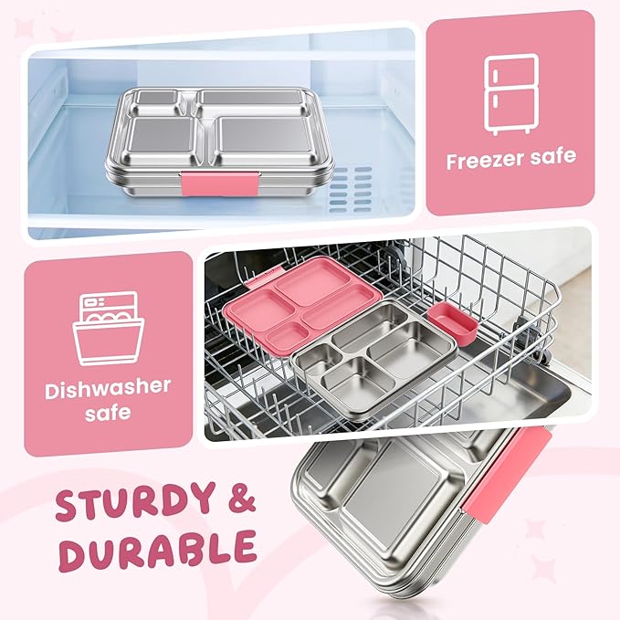 Stainless Steel Bento Box, 4-Compartment Metal Lunch Box with Removable Silicone, Lunch Container for Kids & Adults with Silicone Inner Container, School, Office, Dishwasher Safe(Pink)