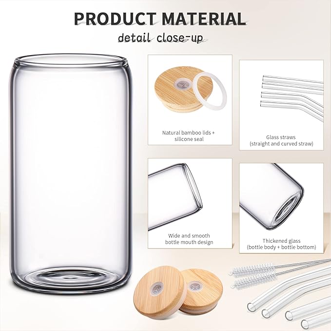 DWTS DANWEITESI Glass Cups with Lids and Straws 8 pcs,16 oz Glass Iced Coffee Cups with Lids-Clear Glass Coffee Cups,Cute Glass Cups for Coffee Bar Accessories Gifts