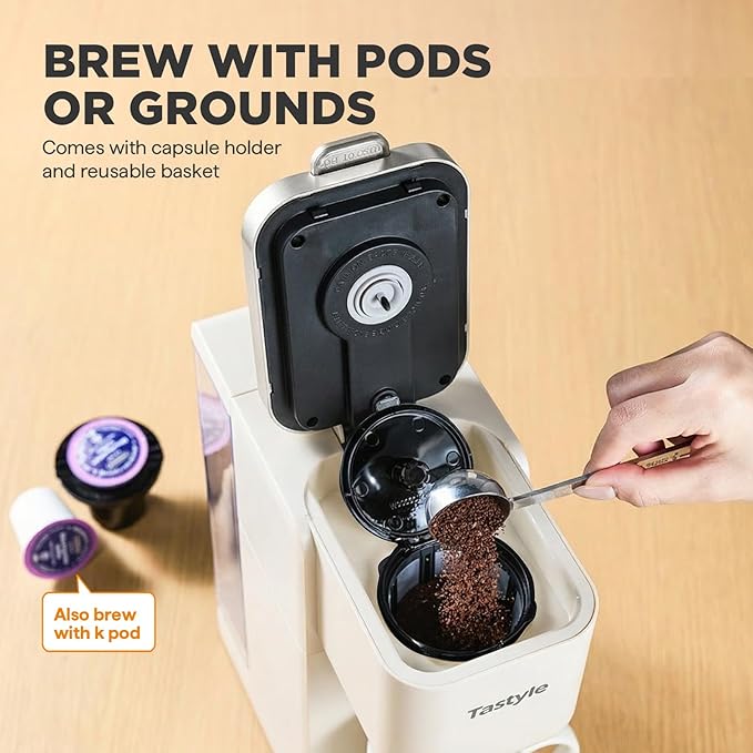 Tastyle Single Serve Coffee Maker, Iced and Hot Coffee Machine for K Cup & Grounds, Compact Design, 40oz Removable Water Reservoir, 6 to 24 Oz Brew Sizes, Fits 7.3" Travel Mug, Beige