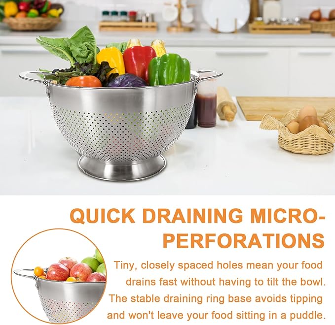 Stainless Steel Colander Set of 3 (1.5-3-5Quart) | Durable Rice and Pasta Strainer with Handle | Oversized Handles | Nesting Design | Rust-Resistant & Dishwasher Safe