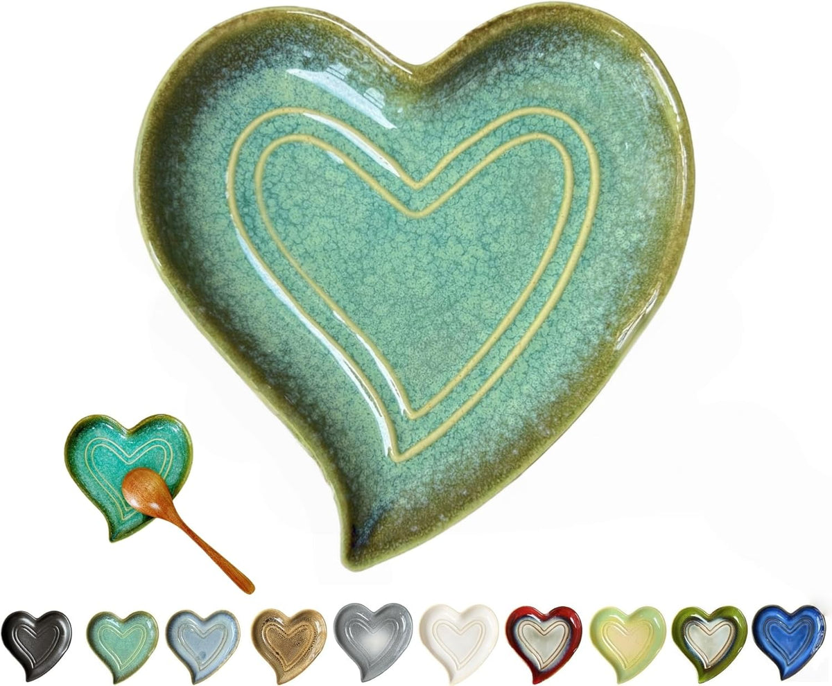 Ceramic Spoon Rest for Stove Top, Heart Cute Spoon Rest for Kitchen Counter, Cooking Spoon Holder for Kitchen Counter, Utensil Rest Spatula Rest Ladle Holder Tong Rest (Retro Mist Green)