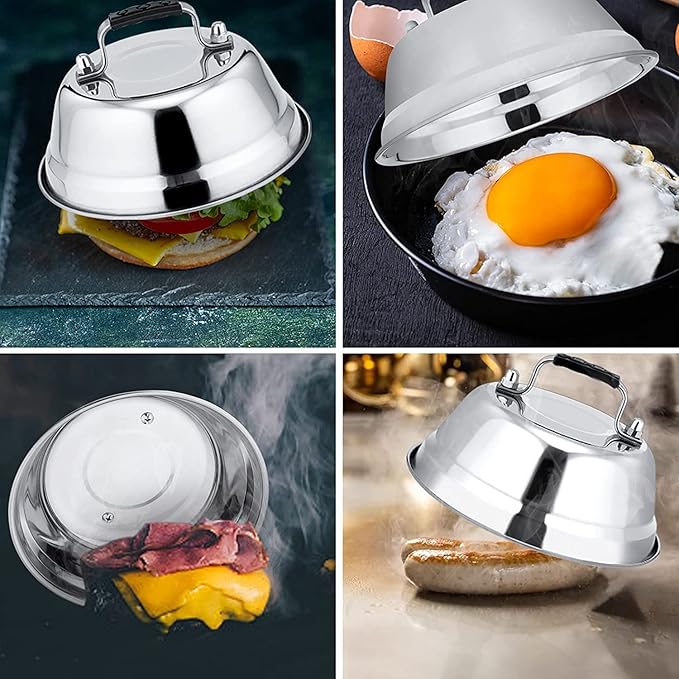 3Pcs Basting Cover & Smash Burger Press, Leonyo 12"- 9"- 6.5" Cheese Melting Dome, Stainless Steel Bacon Press Griddle Dome Steam Lids Smash Burger Kit for Kitchen, BBQ Flat Top Grill, Teppanyaki