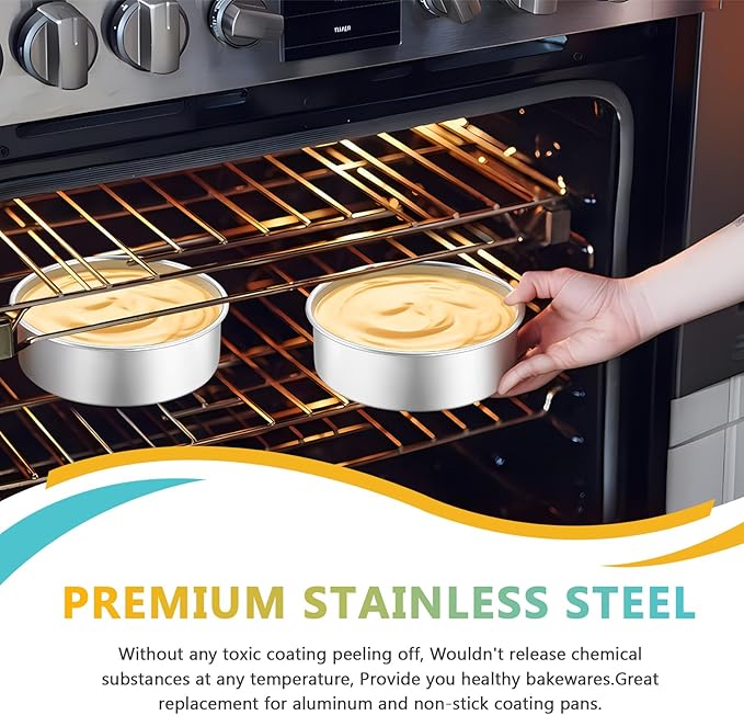 P&P CHEF 6 Inch Cake Pan Set of 2, Stainless Steel Round Baking Layer Cake Pans, Non Toxic & Healthy, Leak-proof & Easy Clean, Mirror Finish & Easy Releasing, Oven & Dishwasher Safe