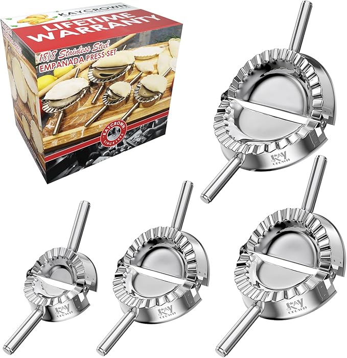 KAYCROWN Empanada Maker Press, Stainless Steel Dumpling Maker Set, 2-in-1 Dough Cutter Dumpling Mold Set for Ravioli, Pierogi, Turnovers, Calzone, Dumpling, 4 Sizes (XL/6"+L/4.75"+M/4"+S/3.25")