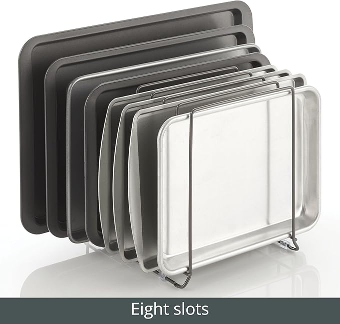 mDesign Large Metal Wire Organizer Rack for Kitchen Cabinet, Pantry, Shelves - Holder with 8 Slots for Baking Sheets, Skillets, Frying Pans, Pots, Lids, Cutting Boards, Appliances - Dark Gray