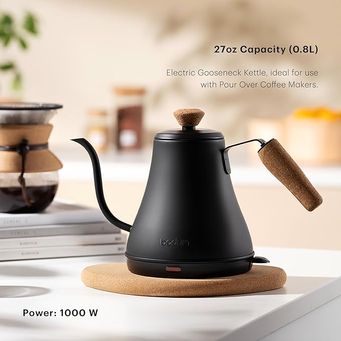Bodum 27oz Bistro Gooseneck Electric Water Kettle,Pour Over Coffee & Tea,Stainless Steel,Matte Black,(Pack of 4)