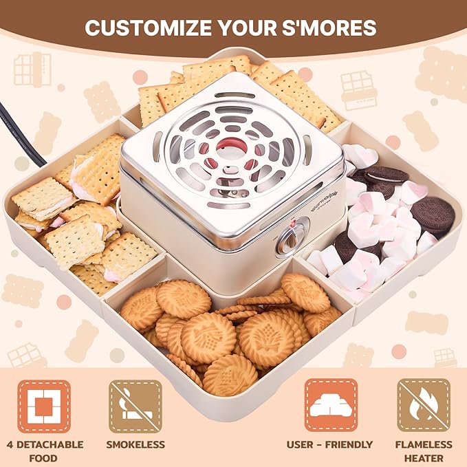 Electric Smores Maker - Indoor Smores Kit with 4 Detachable Trays, 4 Stainless Steel Forks - Flameless Smores Maker Tabletop Indoor Kit (White)