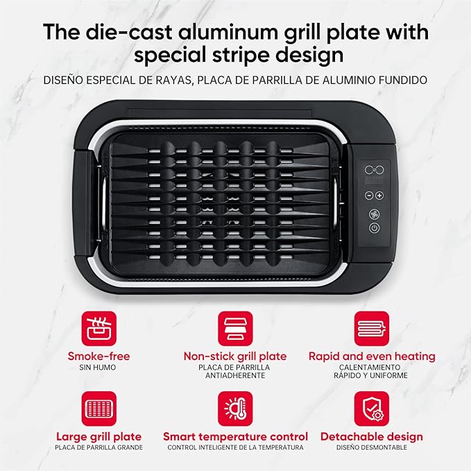 X&E Smokeless Indoor Grill, 1500W Non-Stick Removable Grill Rack & Pan, Adjustable Temperature up to 450°F, Fast Heat Up, Dishwasher Safe, Ideal for Steaks, Burgers, Fish & Veggies, Serves 5 People