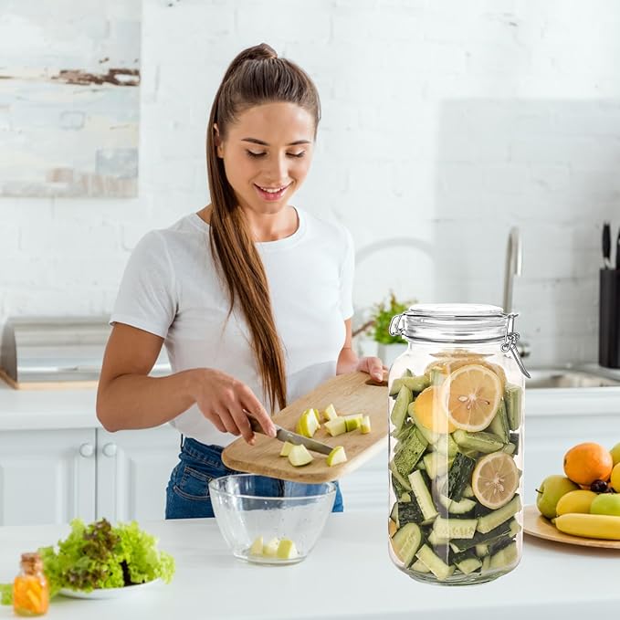 Liuruiyu 78oz Glass Food Storage Jars with Airtight Clamp Lids, 3 Pack Wide Mouth Large Kitchen Canisters for Flour, Cereal, Beans, Pasta and Canning, Square Mason Jar with Labels