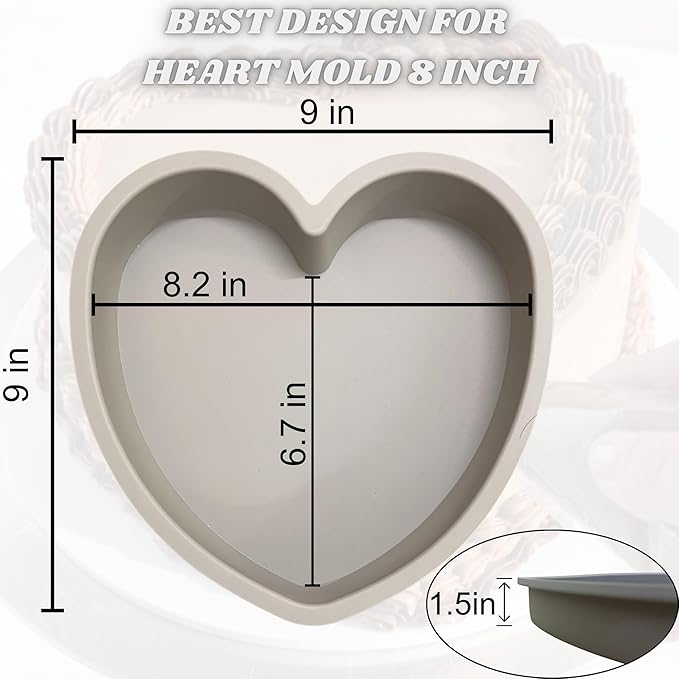 Heart Shaped Cake Pans 8 Inch – Set of 2 Nonstick Silicone Heart Cake Pan for Baking, Oven & Microwave Safe Molds – Durable, Easy-Clean Matte Surface - Grade Novelty Shaped Cake Pans (Gray)