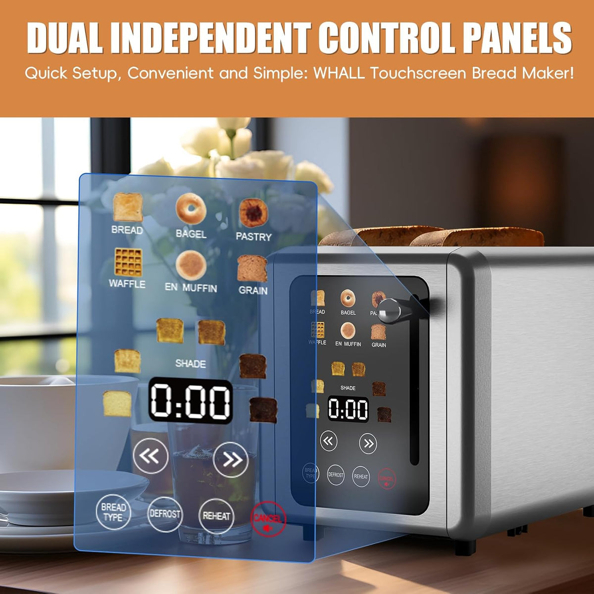WHALL® Touch Screen Toaster 2 Slice, Stainless Steel Digital Timer Toaster, 6 Bread Types & 6 Shade Settings, Smart Extra Wide Slots Toasters With Bagel, Cancel, Defrost Functions