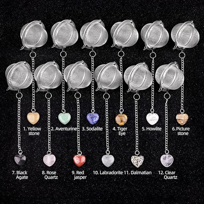 5 Pcs Tea Filter Stainless Steel with Heart Crystal Energy Stone Tea Strainers with Fine Mesh Extend Chain Hook Tea Ball Infuser for Loose Tea Leaves Spices Seasonings