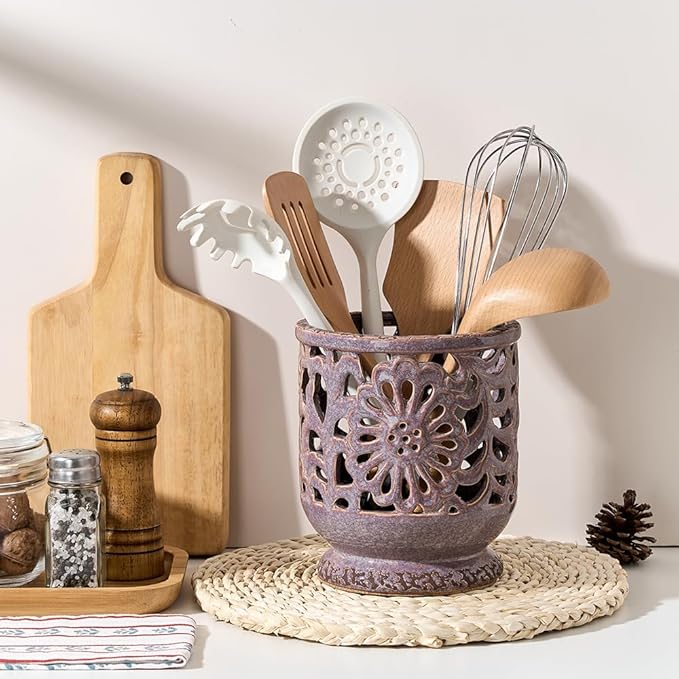 Farmhouse Kitchen Utensil Holder for Countertop, Ceramic Large Cooking Utensil Crock with Cork Mat, Decorative Rustic Utensil Holder for Kitchen Counter, Hollow Carving Flower, Purple