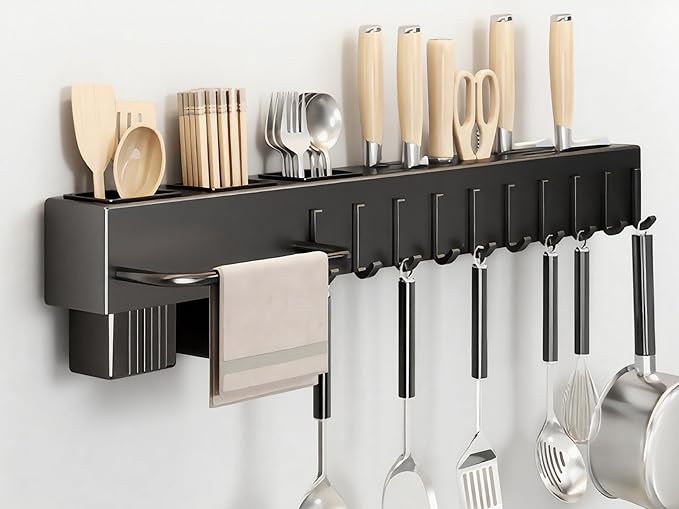 SEIDO Carbon Steel Utensil Rack – Space-Saving 24" L Kitchen Organizer with hooks & hanging bar, Matte Black Knife Holder, 2 Installation Options (Adhesive/Screwed)