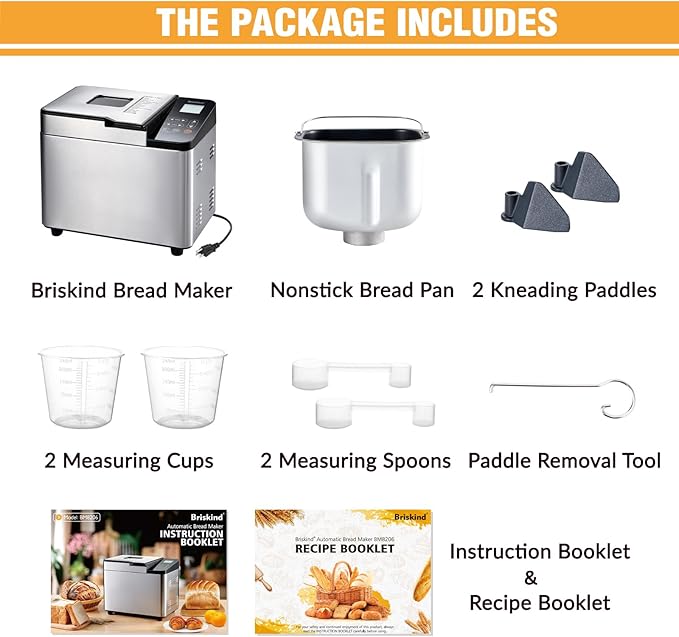 Briskind Bread Maker Machine with Ceramic Nonstick Pan, 19 Menus, 2 Pound Stainless Steel Breadmaker with Glass Touch Panel, Gluten Free, Sourdough Starter, Custom Setting, 3 Loaf Sizes & Crust Colors