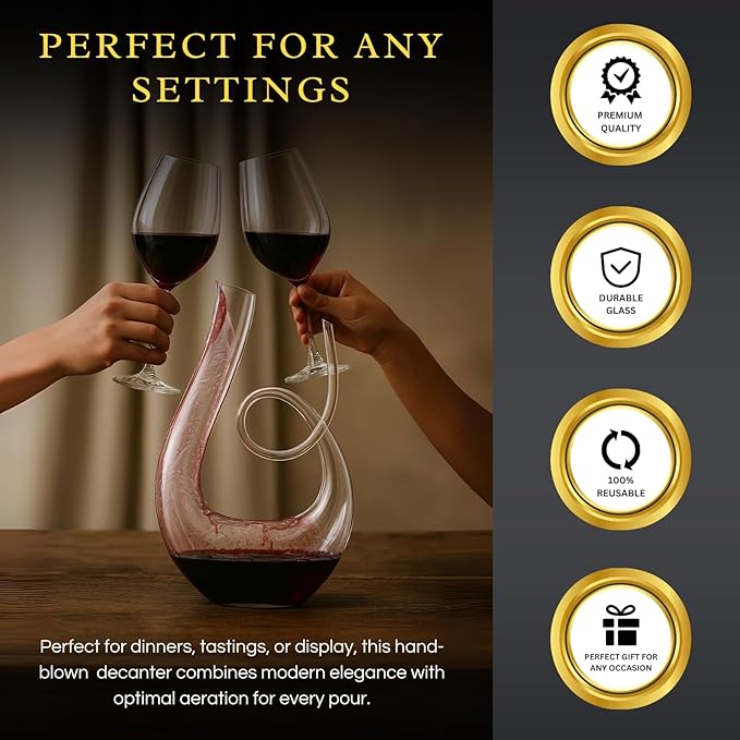 Art Series Swan Swirl Wine Decanter, Hand Blown, Lead-Free Glass with Wide Base for Aeration, + Cleaner Elegant U-Shaped Design with Spill-Reducing Spout – 33.8 oz – Modern Display for Red Wine Lovers