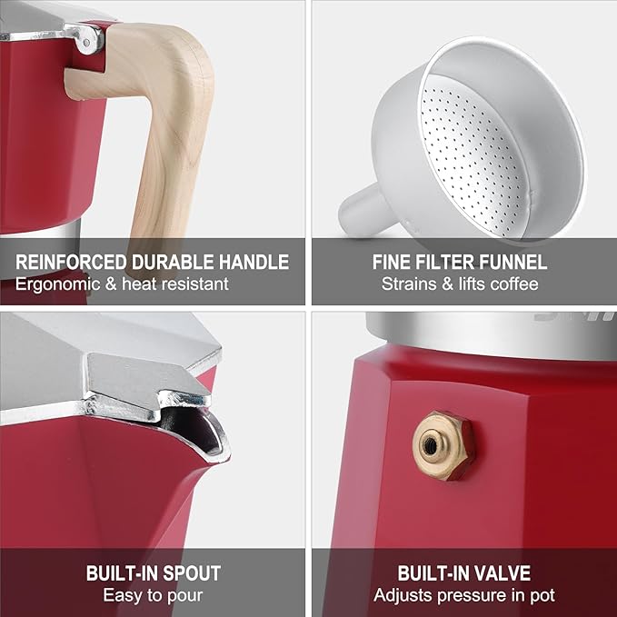 Sivaphe Aluminum Moka Pot 6 Espresso Cups, Percolator Espresso and Coffee Maker, Portable Stovetop Italian and Cuban Café Brewer for Home and Camping Red