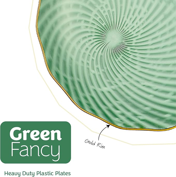 PLASTICPRO 60 Pack Plastic Plates Set of 30-10 inch Plates and 30-7 inch Plate, Elegant Clear Green Spiral and Gold Rim Disposable Fancy Plate Premium Heavyweight