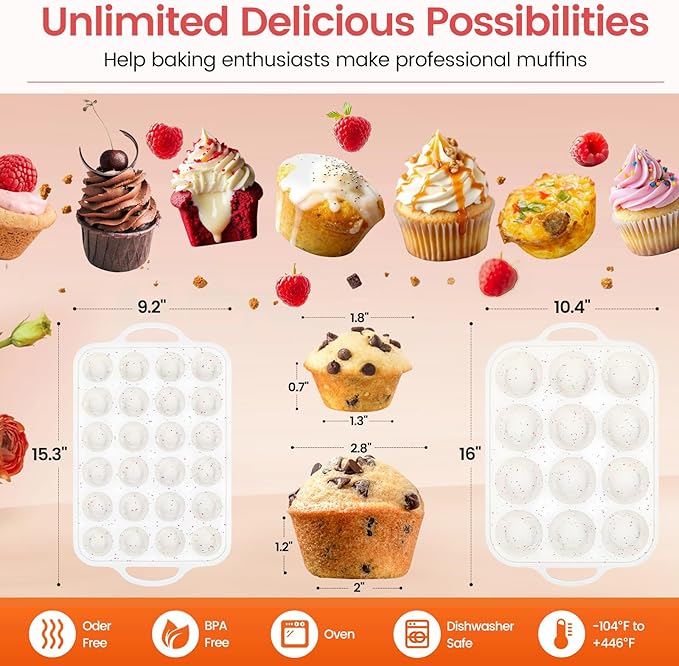 Silicone Muffin Pan with Metal Reinforced Frame - 12 Cups Muffin Pan With 24 Cups for Homemade Muffins, Cupcakes, Oven and Dishwasher Safe - Set of 2, Rainbow Dots