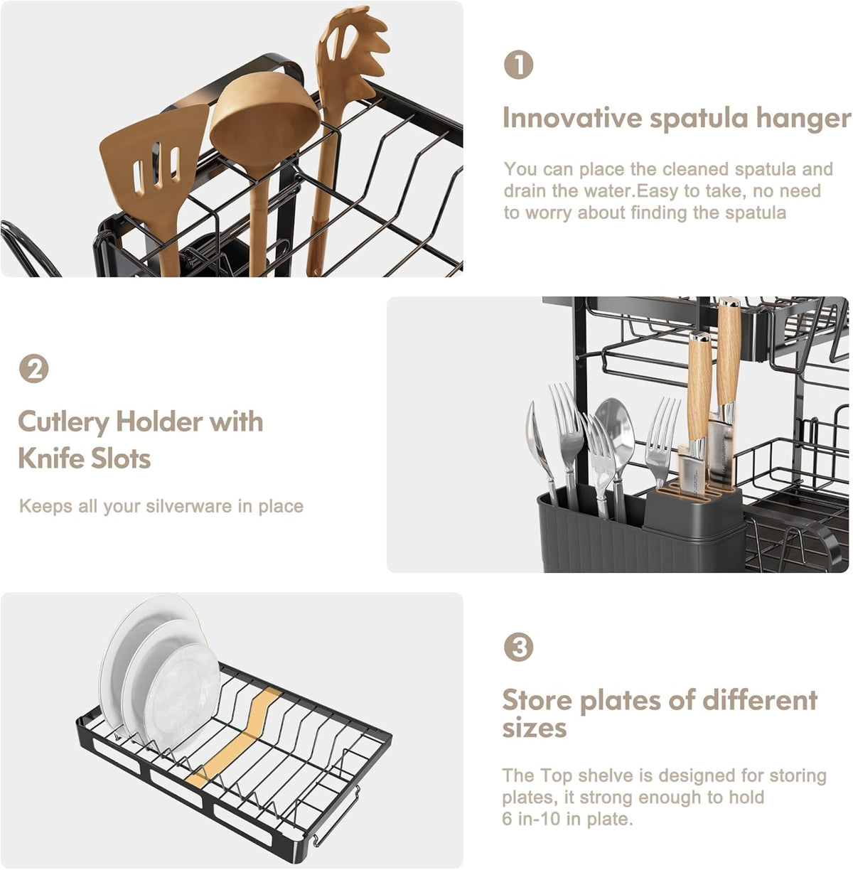 BOOSINY Dish Drying Rack, 2 Tier Large Stainless Steel Black Dish Rack for Kitchen Counter, Drying Rack with Cups Holder, Utensil Holder and Drainboard Set, Dish Strainer Shelf for Kitchen