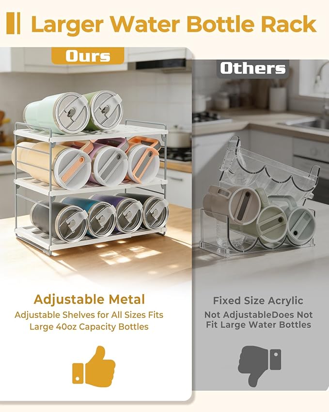 Cirhy 12" Tall 3-Tier Expandable Water Bottle Organizer – Fits 20-40 oz Stanley, Owala, Yeti Tumblers, Shaker Cups & Travel Mugs – Adjustable Storage Rack for Cabinet, Kitchen & Pantry Organization