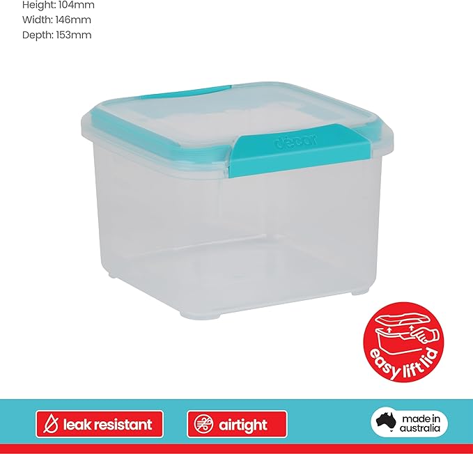 Décor Large Food Storage Containers | 2 Pack - 2 x 1.4L | Reusable Plastic Airtight Food Containers | Fresh Seal Clips | Microwave, Freezer & Dishwasher Safe | 1.4L Capacity