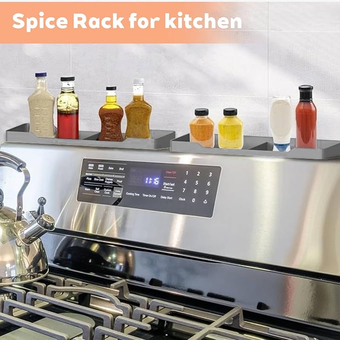 30 Inch Magnetic Silicone Stove Top Shelf, Heat Resistant Spice Rack for Kitchen, Space Saving Organizer with 6 Sticky Pads, Fits Back of Stove(Light Grey 30''x3.8'')