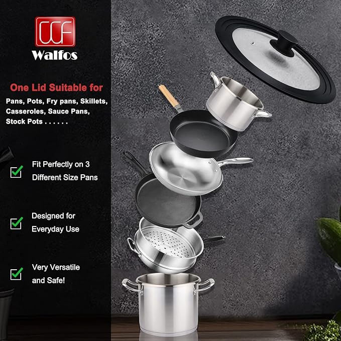 Walfos Universal Lid, Tempered Pan Lid with Heat Resistant Silicone Rim, Fits All 7" to 12" Diameter Cookware, Pots, Pans and Skillets (2Pk)