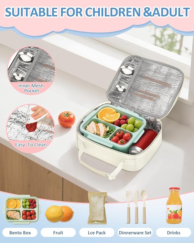 Capolo Insulated Lunch Box for Kids, Cute Thermal Lunch Bag for School, Reusable Lunch Tote for Boys and Girls, Durable Cooler Bag with Easy Grab Handle, Lightweight and Easy to Clean Meal Bag,beige